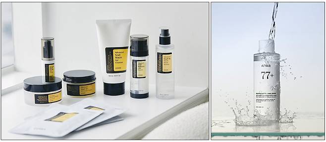 K뷰티 메가 브랜드는 한두 개 히트상품에 집중해 소비자 브랜드 인식을 끌어올리는 ‘원히트’ 전략으로 성장했다. 왼쪽은 코스알엑스 대표 제품 ‘코스알엑스 어드밴스드 스네일 라인’, 오른쪽은 아마존에서 큰 인기를 끈 아누아 ‘어성초 77 수딩 토너’.