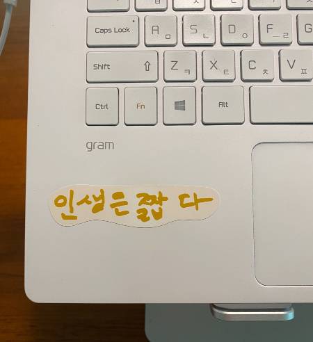 나이 지긋한 할머님들이 젊은이들에게 해주고 싶은 이야길, 스티커로 만들어 파는 '신이어마켙'에서 산 것. 잊지 않으려 노트북에 붙여두었다. 인생은 짧다./사진=그러니 빨리 퇴근해야 하는 남형도 기자