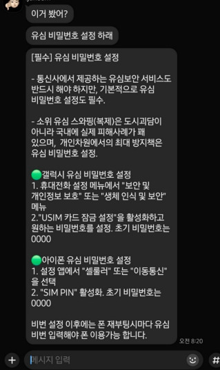 SKT 유심 정보 유출 해결책으로 유심 비밀번호를 설정하라는 독려 글이 돌고 있다. /사진=독자 제공