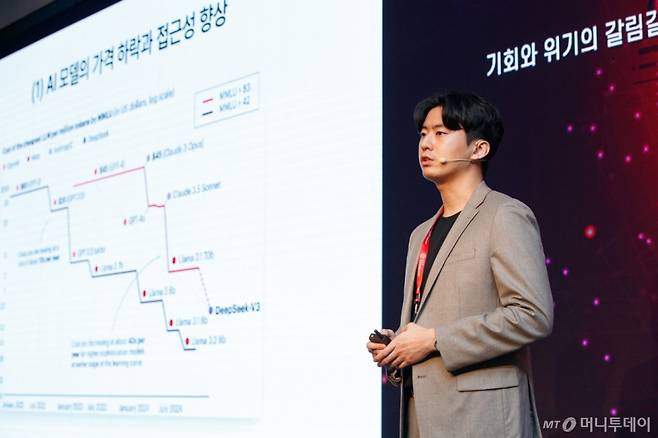 이승곤 딥블루닷 사업총괄이사가 24일 영등포구 콘래드 서울 호텔에서 머니투데이 주최로 진행된 '2025 키플랫폼' 특별세션에서 '실리콘밸리에서 경험한 Customer Oriented AI 어플리케이션의 성장 가능성'에 대해 발표하고 있다. /사진=이기범