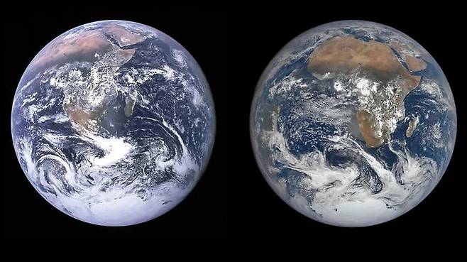 1972년 12월 7일 아폴로 17호 우주비행사들이 촬영한 지구 사진인 '블루 마블(Blue Marble) 사진(왼쪽)과 NASA의 심우주기후관측위성(DSCOVR)이 50년 뒤인 2022년 12월 7일 촬영한 새로운 블루 마블. (사진=NASA) *재판매 및 DB 금지