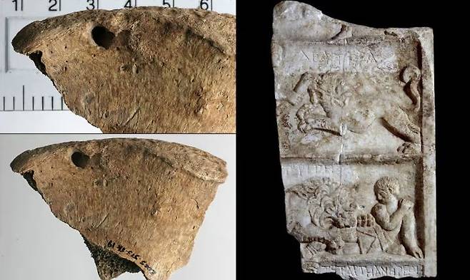 [서울=뉴시스] 사자 이빨 자국이 남아 있는 엉덩이뼈(왼쪽)과 사자와 싸우는 모습이 담긴 로마 시대 대리석 부조  (사진=가디언 캡처) 2025.04.23 *재판매 및 DB 금지