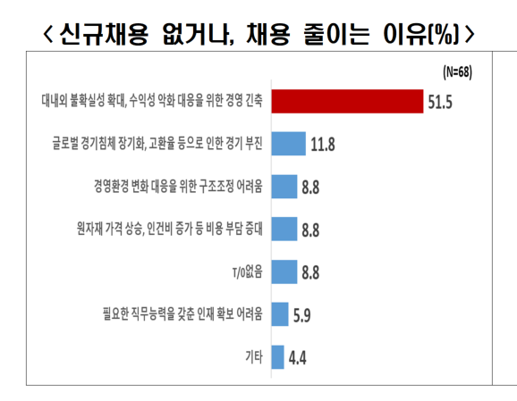 한국경제인협회 ‘2025년 상반기 대기업 신규채용 계획 조사’ 결과 중. 도표 세 번째에 ‘경영환경 변화 대응을 위한 구조조정 어려움‘ 항목이 고용 경직성 관련 항목이다. (출처 : 한국경제인협회)