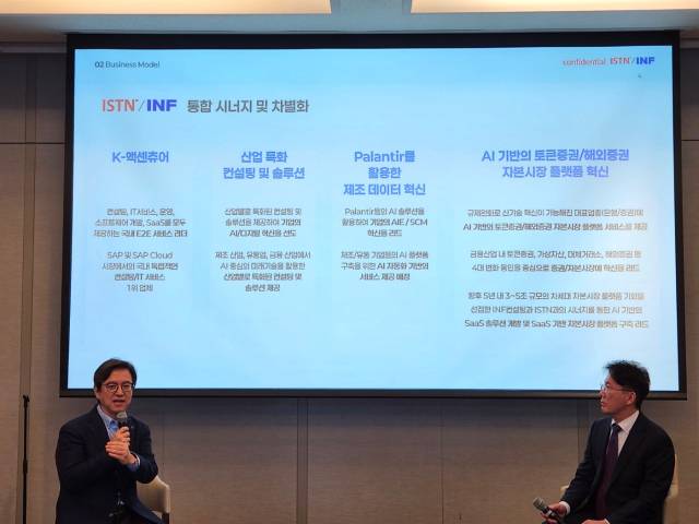 이성열(왼쪽) ISTN/INF 회장과 김종도 ISTN/INF 대표가 4월 23일 서울 강남구 그랜드 인터컨티넨탈 파르나스 호텔에서 열린 회사 출범 기자간담회에서 발표하고 있다. 사진 제공=ISTN/INF
