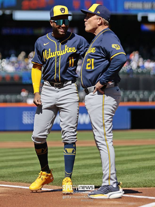 ▲ 밀워키 브루어스 \'슈퍼루키\' 잭슨 추리오와 팻 머피 감독.