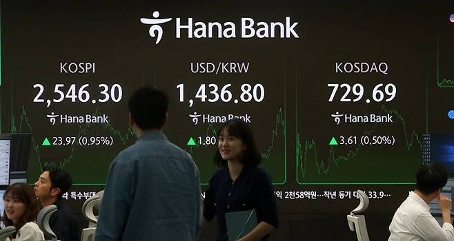 25일 서울 중구 하나은행 본점 딜링룸 전광판에 코스피·코스닥지수, 원·달러 환율 종가가 표시돼 있다. ⓒ연합뉴스