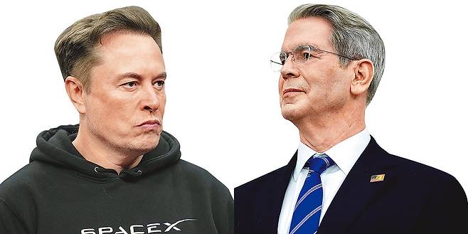 일론 머스크 미국 테슬라 최고경영자(CEO) 겸 정부효율부(DOGE) 수장(왼쪽), 스콧 베선트 미 재무장관과 국세청장(오른쪽)