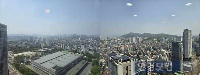 남향에 가구에 있는 '한강뷰'(좌)와 북향 가구에 있는 '아차산뷰' 사진=이송렬 기자.