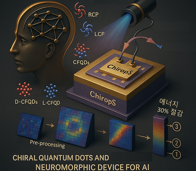 카이랄 자성 양자점을 이용하여 제작한 뇌 모사 뉴로모픽 ChiropS 소자 모식도.[KAIST 제공]