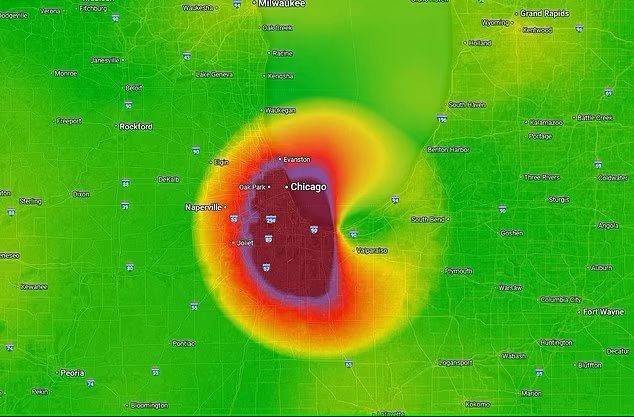 [뉴시스] 23일(현지 시각) 구글 지도 상 시카고 지역의 대기질이 위험 수준인 것으로 나타난 모습. (사진=데일리메일) 2025.4.24 *재판매 및 DB 금지