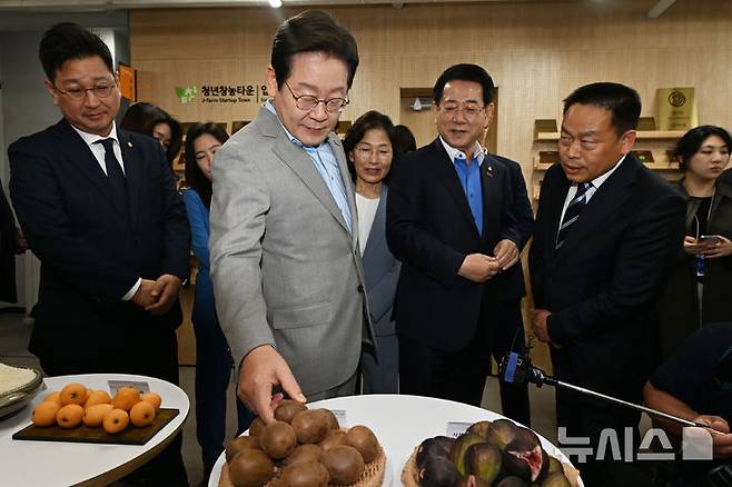 [나주=뉴시스] 이영주 기자 = 이재명 더불어민주당 대선 경선 후보가 25일 오전 전남 나주시 전남농업기술원에서 열리는 '미래농업 전초기지 호남' 농업과학기술 진흥 간담회에 참여해 전남농기원이 개발한 신상품 키위를 들여다보고 있다. 2025.04.25. leeyj2578@newsis.com