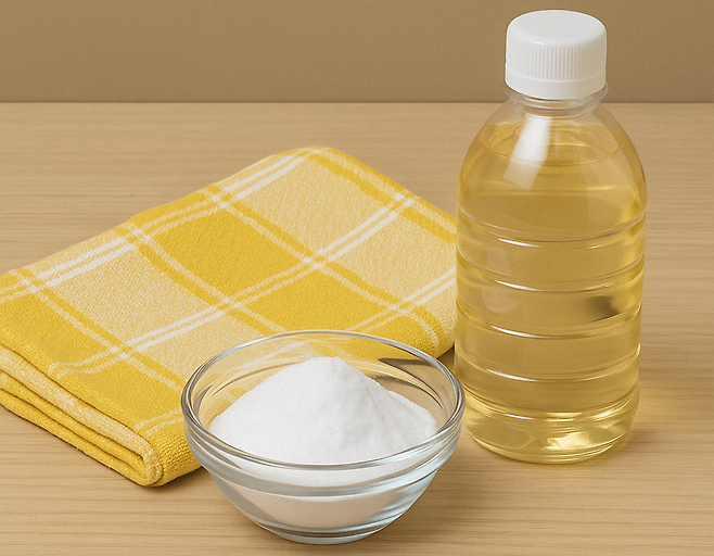 노란색 체크 행주와 그릇에 담긴 베이킹 소다 가루와 병에 담긴 식초