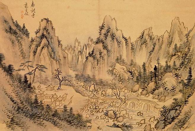 표훈사도. 강산의 표훈사와 그 주위의 아름다운 경치를 묘사했다. 산으로 들어갈수록 멀리 있는 높은 산들이 오히려 낮게 보이는 착시 현상을 그림에 그대로 나타냈다. /개인소장