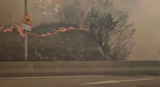 26일 오후 1시 18분께 강원 인제군 상남면 하남리 한 야산에서 발생한 산불이 내린천 휴게소 인근까지 확산했다. 독자 제공, 연합뉴스