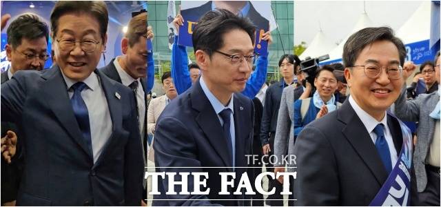 연설회 시작 전 김경수·김동연 후보는 당원들이 모인 천막을 찾았다. 이재명 후보는 행사장 안을 돌며 지지자들과 눈을 맞추고 인사를 나눴다. /서다빈 기자