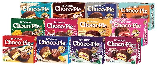 러시아에 판매 중인 12종의 초코파이. <오리온>