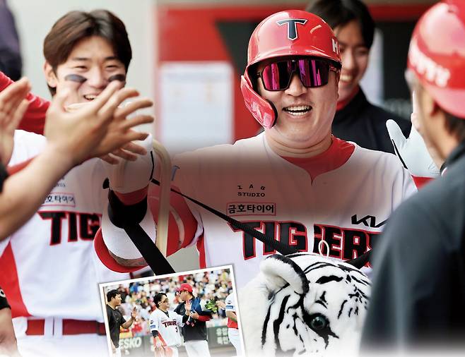 KIA 최형우기 27일 광주 LG전에서 4회말 솔로홈런을 친 뒤 동료들과 하이파이브 하고 있다. 이날 승리로 이범호 KIA 감독(작은 사진)은 사령탑 통산 100승을 거뒀다. 연합뉴스