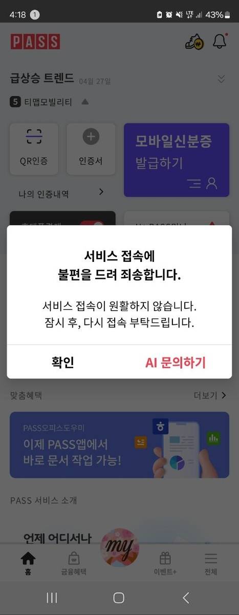 PASS 서비스 접속 지연 [PASS 앱 캡처. 재판매 및 DB 금지]