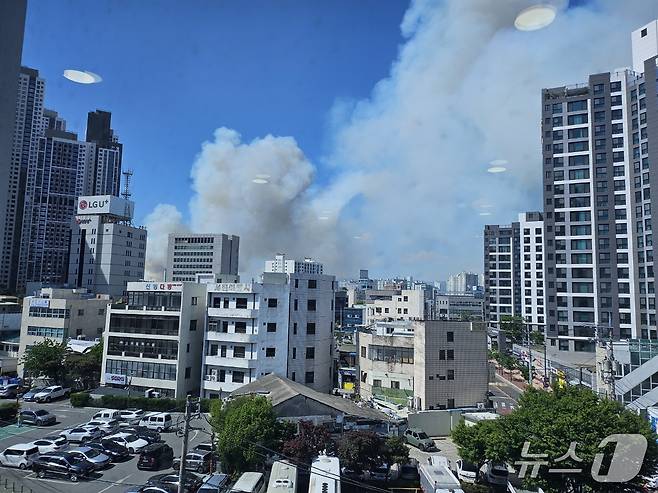 28일 오후 2시 1분쯤 대구 북구 노곡동 함지산에 불이 나 연기가 중구 동인동 중구청사에서도 보이고 있다. 2025.4.28/뉴스1 남승렬 기자
