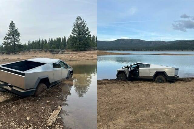 사이버트럭 소유주가 사이버트럭으로 강을 건너다 고립되는 일이 최근 일어났다. (사진=미 캘리포니아 고속도로 순찰대 페이스북)