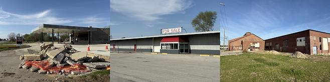 한때 제조업의 성지로 불렸지만 지금은 쇠락해 '러스트 벨트'의 상징적인 곳으로 꼽히는 미국 인디애나주 코코모 도심의 낙후된 모습. 왼쪽부터 폐업한 채 방치돼 있는 주유소, 매물로 나온 공실 상가, 유리창이 깨져 있는 폐공장. /박국희 특파원