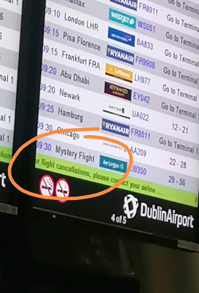 지난해 아일랜드 더블린 공항의 전광판에 국적기 에어링구스의 목적지 미상 '미스터리 플라이트' 안내가 떠있다. /X