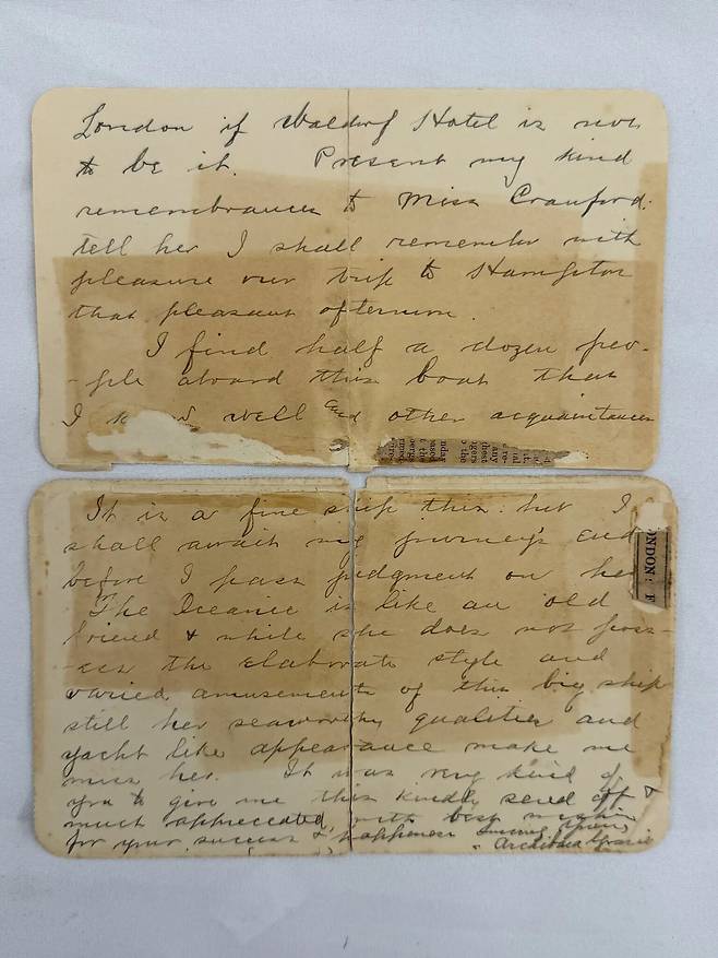 아치볼드 그레이시 대령이 타이태닉호 침몰 5일전 쓴 편지./Henry Aldridge & Son