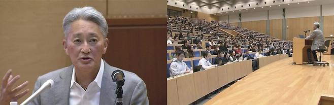 히라이 가즈오 ‘프로젝트 희망’ 대표가 와세다대에서 학생들을 대상으로 강연하고 있다. / 사진 NHK