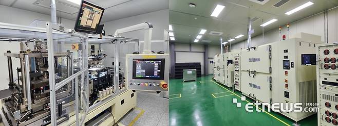 JR에너지솔루션이 충북 음성 공장에 확보한 조립 공정 장비(왼쪽)·활성화 공정 라인. (사진=이호길 기자)