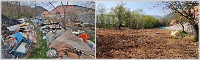 60대 여성 A씨가 20년간 경북 경주시 안강읍 산대리 산수골 야산에 방치한 쓰레기(완쪽)와 지난 21일 마을 주민들이 힘을 합쳐 말끔히 치운 모습(오른쪽). 경주시 제공