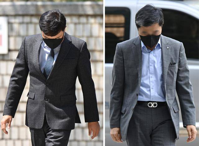 800억 원대 부당대출 의혹으로 사기 혐의를 받는 IBK기업은행 전직 직원 김모(왼쪽 사진)씨와 현직 직원 조모씨가 28일 서울 서초구 서울중앙지법에서 열린 구속 전 피의자 심문에 출석하고 있다. 박시몬 기자