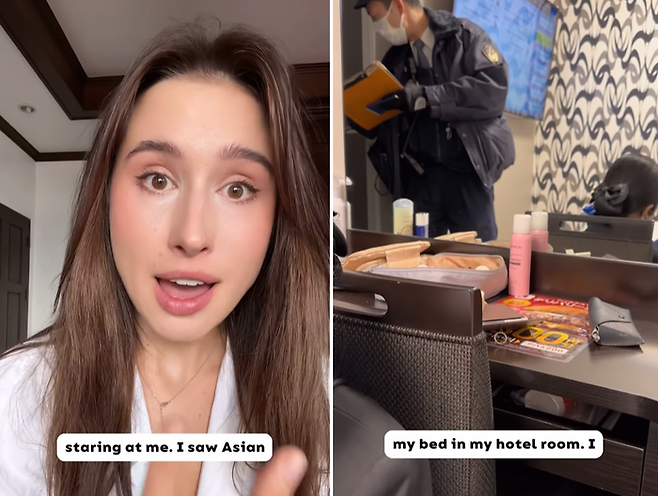 ‘나탈리’라는 이름의 여성 외국인 관광객이 최근 일본 도쿄의 한 호텔에 묵을 당시 침대 아래에서 낯선 남자와 마주한 사건에 관해 설명하고 있다. [사진 = 인스타그램]