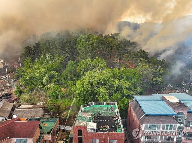 28일 오후 2시 1분쯤 대구 북구 노곡동 함지산에서 발생한 산불이 인근 조야동 민가까지 확산하고 있다. 연합뉴스