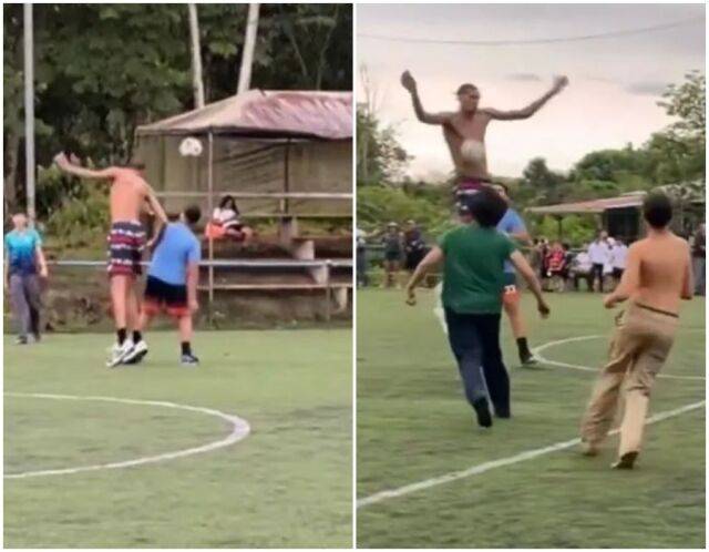 221cm 키로이지만 웸반야마는 점프 헤더를 할 정도로 축구 재능을 선보였다./소셜미디어