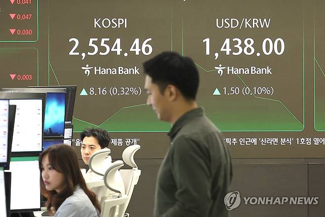 강보합 출발한 코스피 (서울=연합뉴스) 서명곤 기자 = 코스피가 강보합 출발한 28일 서울 중구 하나은행 딜링룸에서 한 딜러가 자리로 향하고 있다. 2025.4.28 seephoto@yna.co.kr