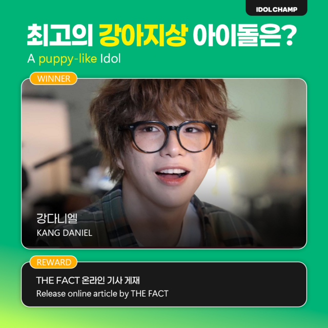 가수 강다니엘이 더팩트와 아이돌챔프와 함께한 스페셜 투표 '최고의 강아지상 아이돌' 1위에 올랐다. /아이돌챔프