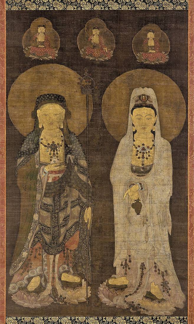 고려 14세기 후반 '관음·지장보살 병립도'. 비단에 채색. 44.2×75.2cm.