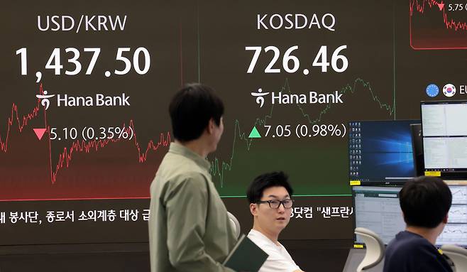 29일 서울 중구 하나은행 딜링룸 현황판에 코스닥 지수 등이 표시되고 있다. /연합뉴스
