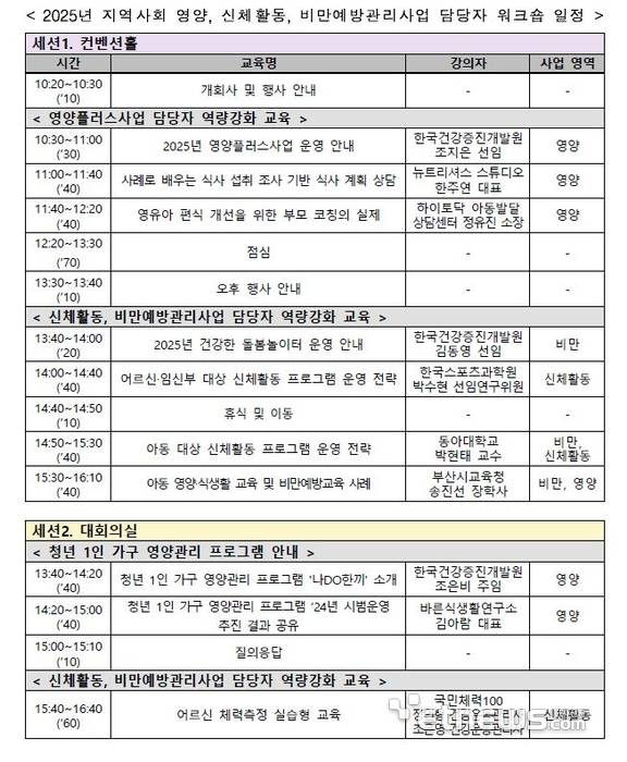 '2025년 지역사회 영양·신체활동·비만예방관리사업 워크숍' 일정