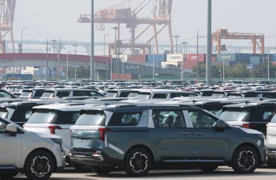 24일 경기 평택시 포승읍 평택항 자동차전용부두에 수출용 차량들이 세워져 있다. 뉴스1