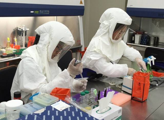 2015년 메르스 유행 당시 생물안전(BL) 3등급 특수 실험실에서 검체 검사를 진행하고 있는 장면. 서울시보건환경연구원 제공