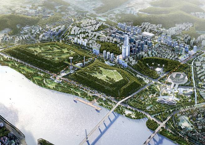디지털미디어시티(DMC)와 월드컵공원, 한강을 아우르는 상암 일대 종합 마스터플랜 조감도. 서울시