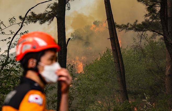 28일 오후 2시 1분께 대구 북구 노곡동 함지산에서 산불이 발생한 가운데 인근 민가로 번지고 있다. [연합]