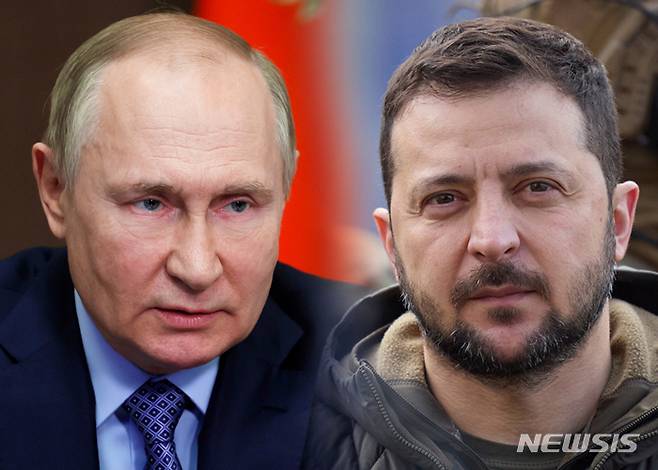 [서울=뉴시스] 블라디미르 푸틴 러시아 대통령(왼쪽)과 볼로디미르 젤렌스키 우크라이나 대통령.