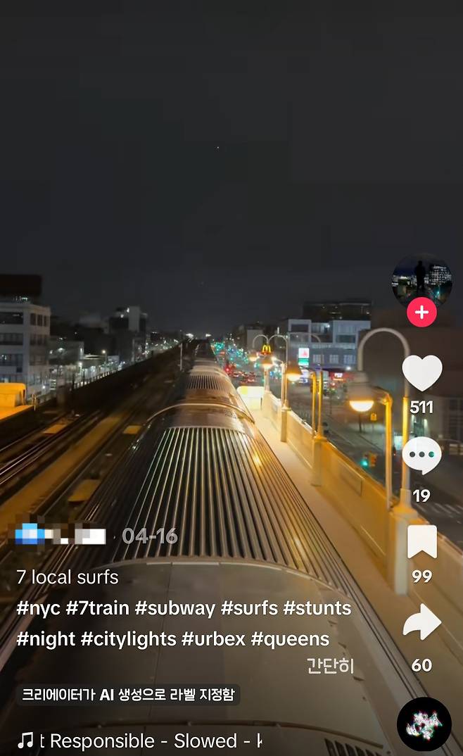 틱톡 이용자가 열차 서핑 중 찍은 영상 [출처=틱톡 캡처]