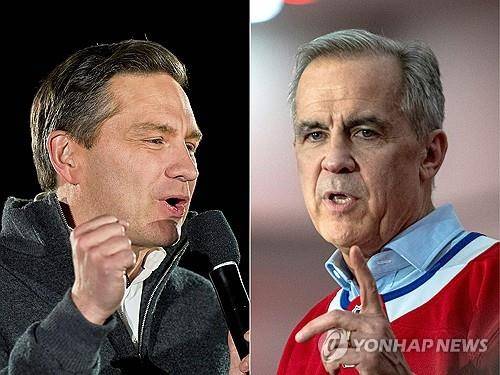캐나다 집권 자유당의 카니 총리(오른쪽)와 야권 보수당의 포일리에브르 대표 [AFP 연합뉴스 자료사진. 재판매 및 DB 금지]