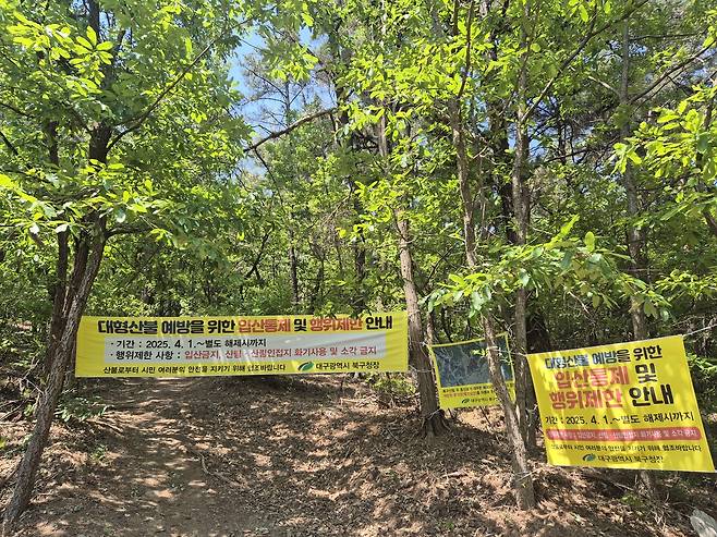 입산통제구역 (대구=연합뉴스) 박세진 기자 = 대구 북구 함지산 산불 주불이 진화된 29일 오후 발화지점 인근 등산로에 입산통제 현수막이 걸려있다. 2025.4.29 psjpsj@yna.co.kr