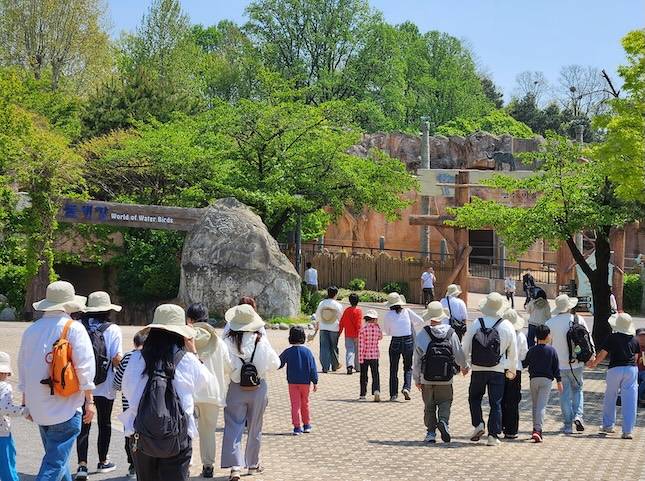 지난 28일 서울 광진구 서울어린이대공원에서 교촌에프앤비 '바르고 봉사단'이 구산초등학교 특수학급 학생들과 체험학습을 하고 있다. / 사진=교촌에프앤비