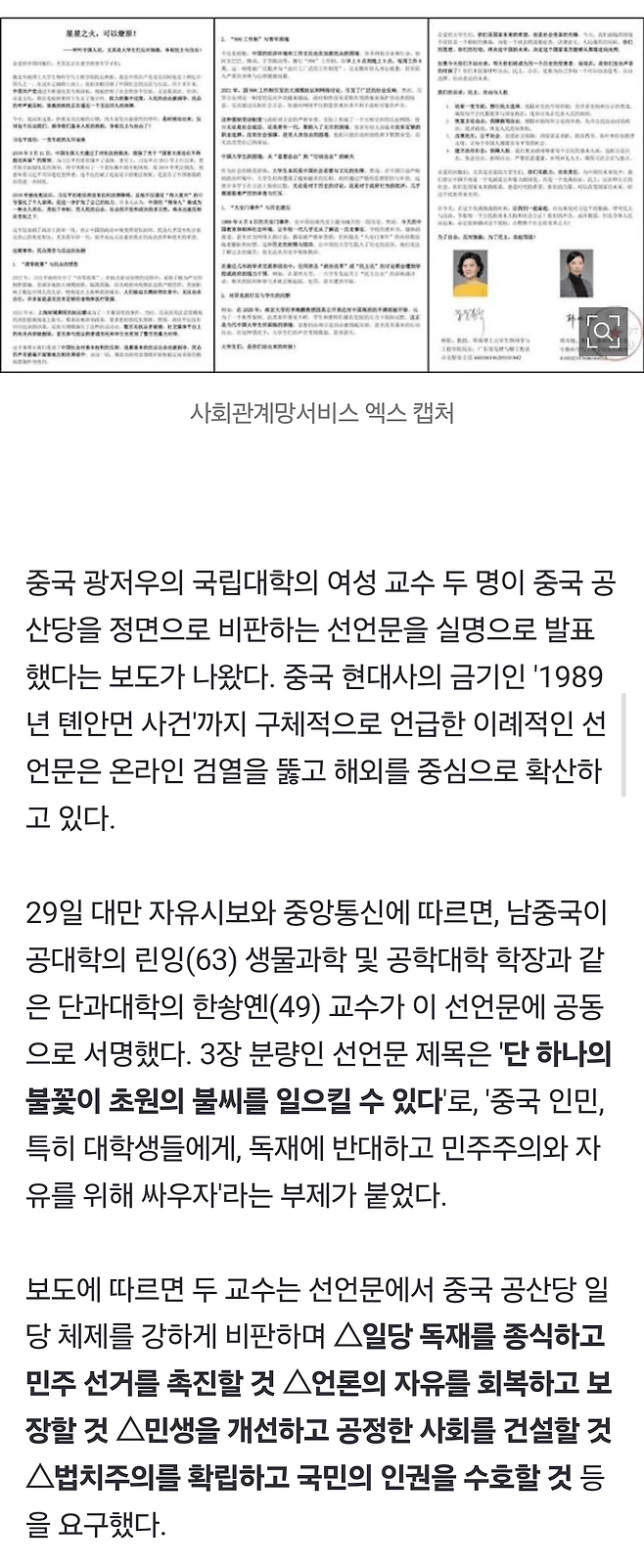 image.png "일당 독재 종식하라" 중국 여성 교수 2명 실명 선언...검열 뚫고 해외 확산