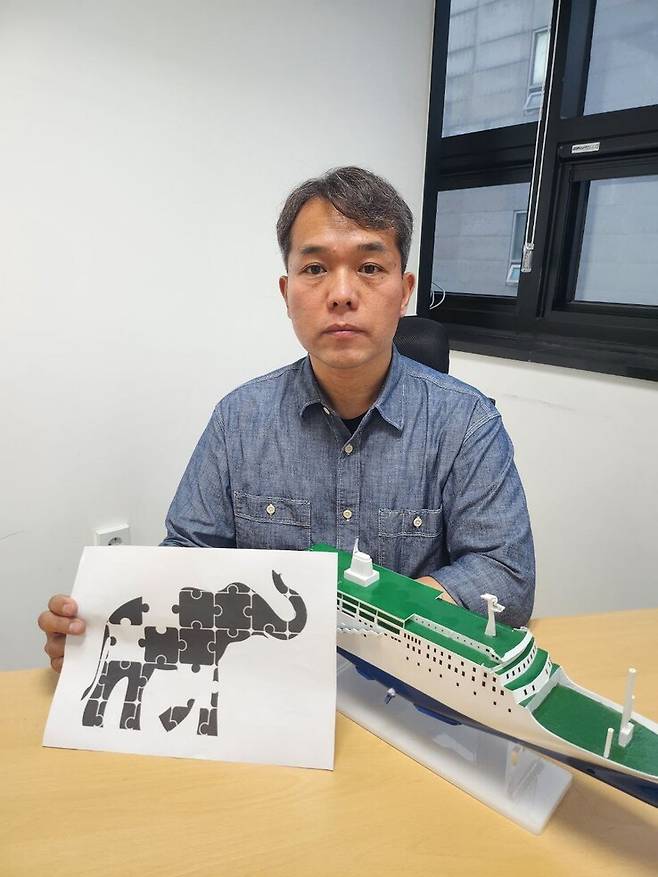 김성수 기자가 세월호 모형 앞에서 세월호 진상규명과 관련해 ‘코끼리 퍼즐’ 예시를 들어 보이고 있다. 김성수 제공